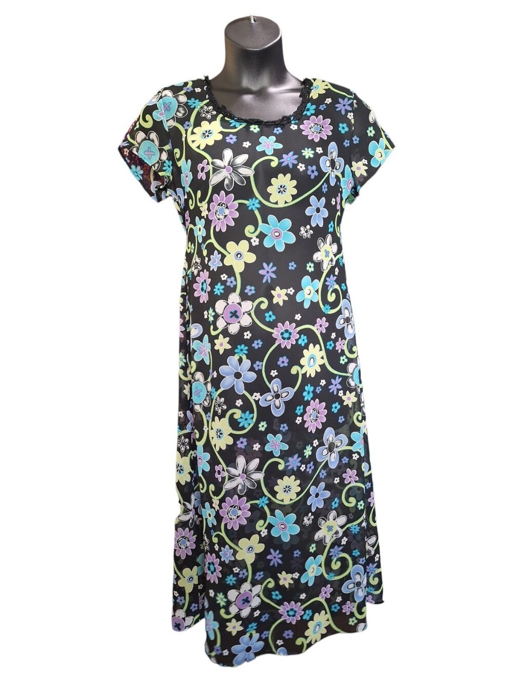 Vintage 90s Sheer Black Floral Chiffon Maxi Dress Lace Trim Cap Sleeve M Whimsy